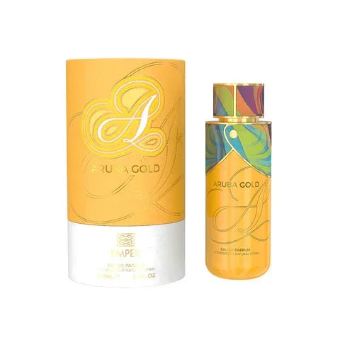 Emper Aruba Gold Eau de Parfum Flakon und Verpackung in Gelb- und Goldtönen.