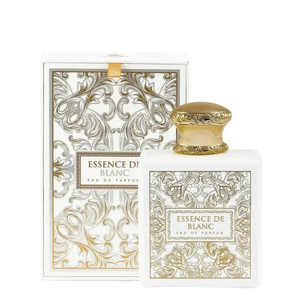 Essence De Blanc Eau de Parfum Flakon und Verpackung mit goldenen Ornamenten