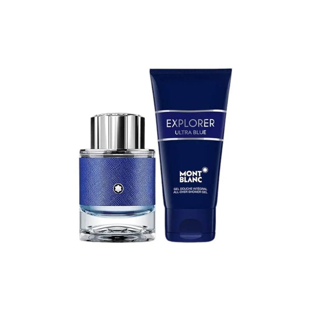 Duftset mit blauem Eau de Parfum und Duschgel, elegantes Männerparfum modern präsentiert