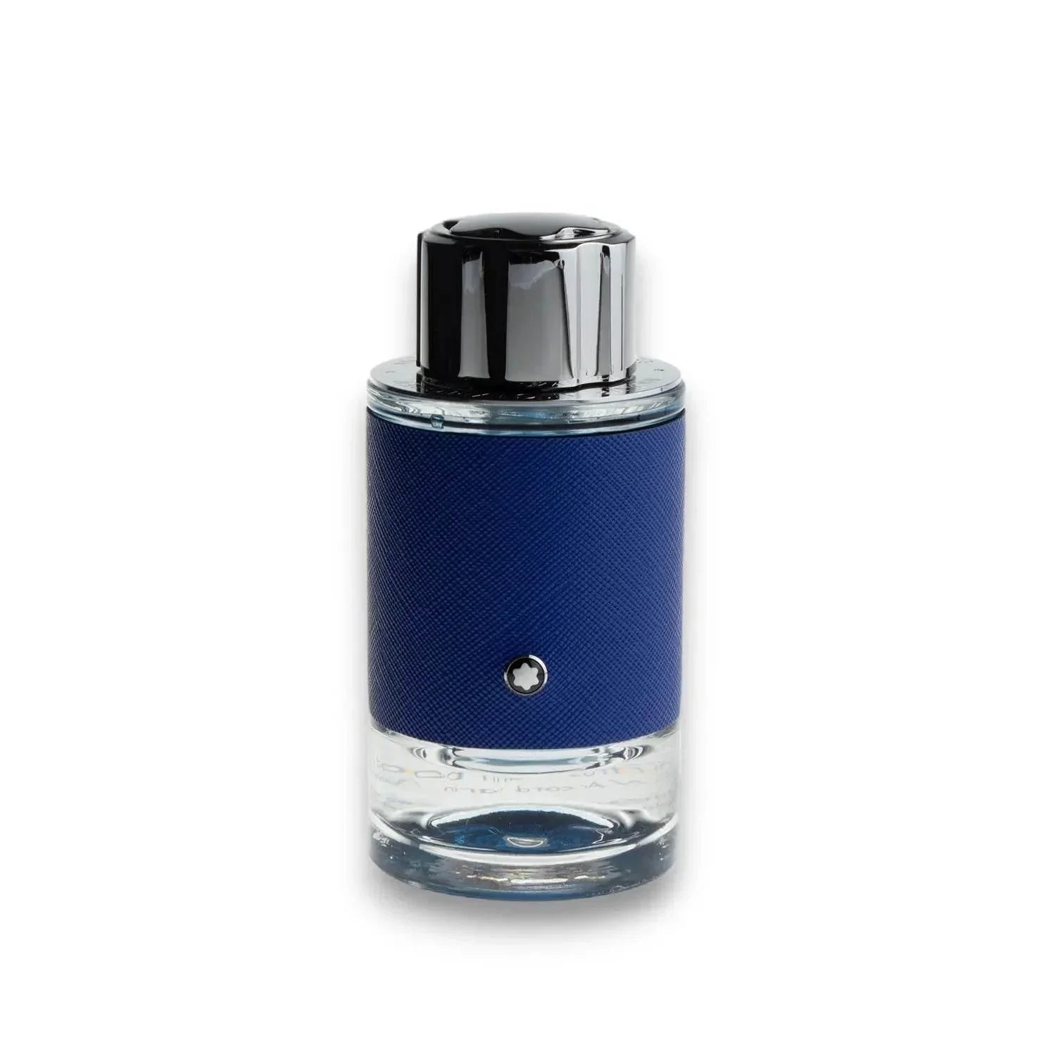 Blauer Eau de Parfum Flakon mit silbernem Deckel, exklusives Herrenparfum, freigestellt
