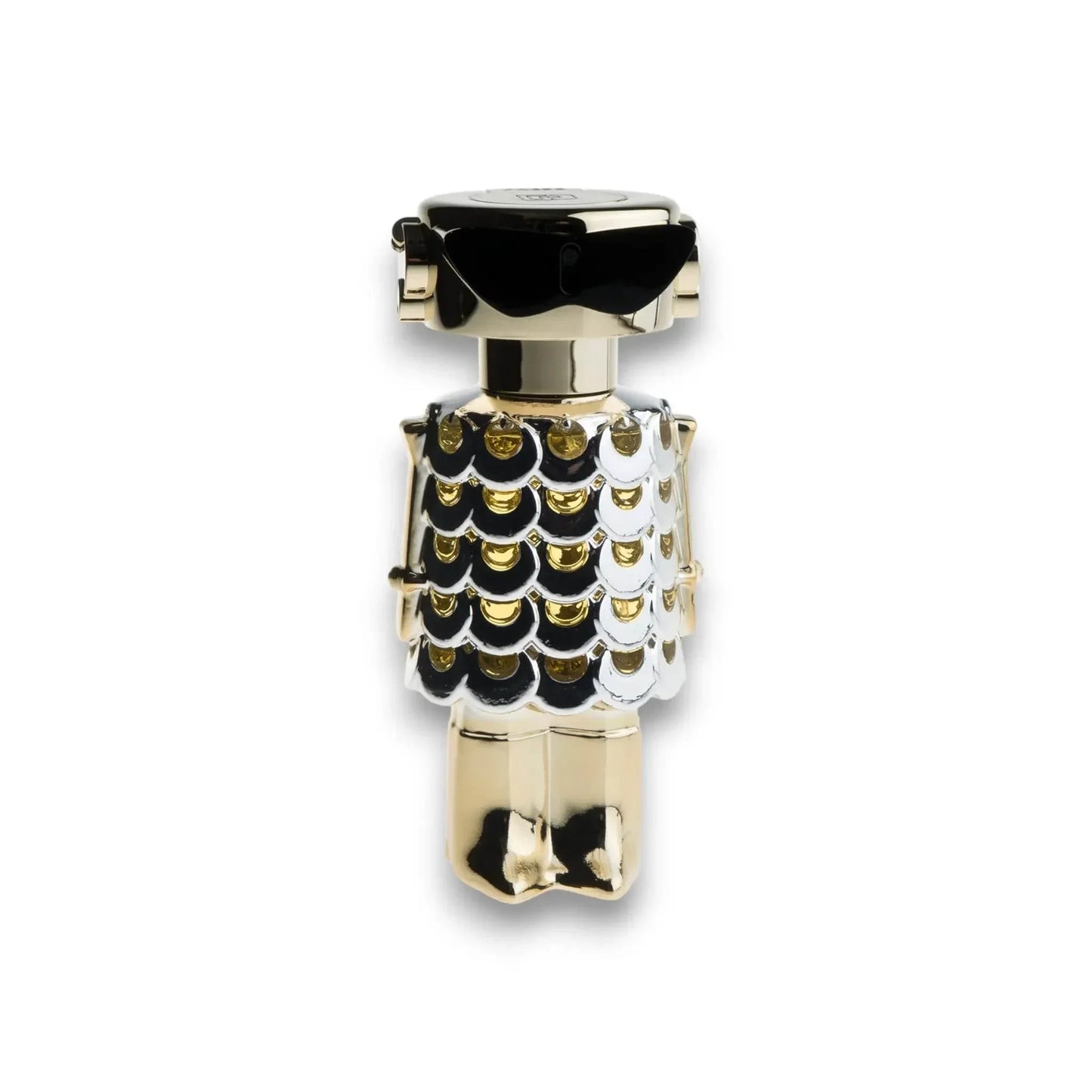 Luxus Damenparfum Flakon in Gold und Silber mit modernem, figurativem Design auf weißem Hintergrund