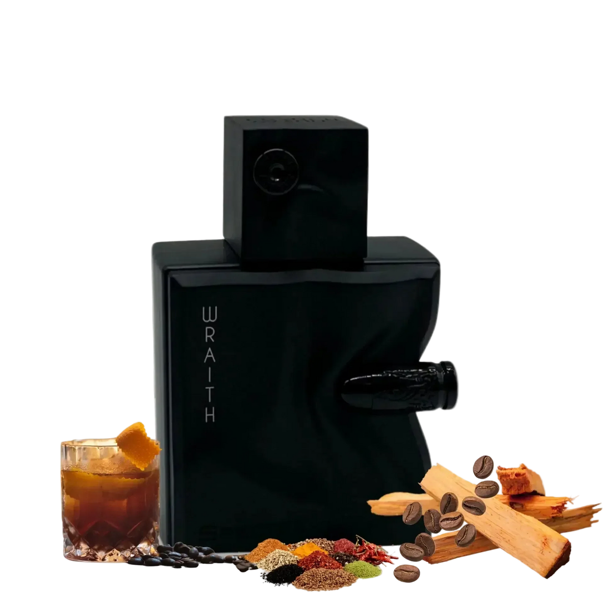 Schwarzer Parfümflakon mit Schriftzug Wraith, neben Cocktail, Gewürzen, Kaffeebohnen und Holzstücken