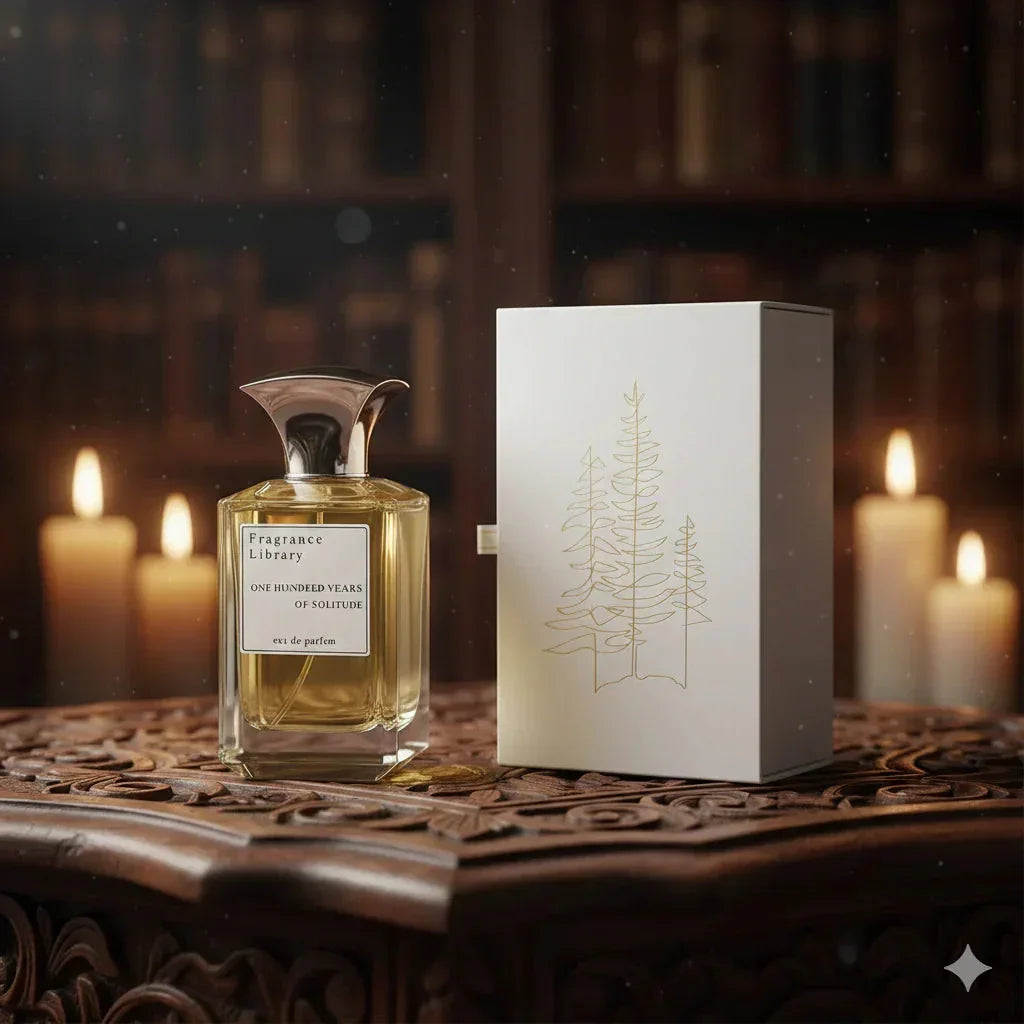 Luxusparfum One Hundred Years of Solitude auf Holztisch mit Kerzen und Geschenkbox