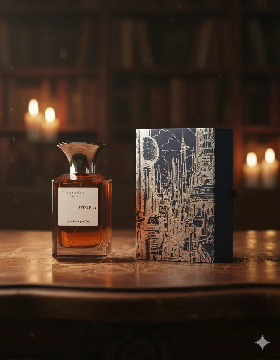 Luxus Parfumflakon Utopia Extrait de Parfum neben kunstvoller Verpackung, stimmungsvolle Kerzen