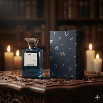 Elegantes Eau de Parfum mit Geschenkbox, luxuriöser Flakon, brennende Kerzen im Hintergrund