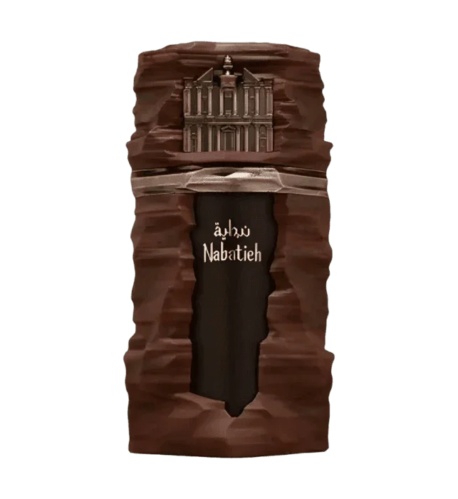 Luxus Parfumflakon Nabatieh aus braunem Stein mit architektonischem Relief, Extrait de Parfum