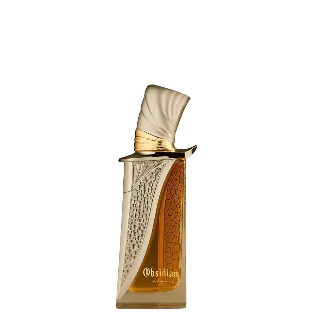 Luxuriöses Parfumflakon mit goldener, kunstvoller Kappe und honigfarbenem Duft, Obsidian-Schriftzug