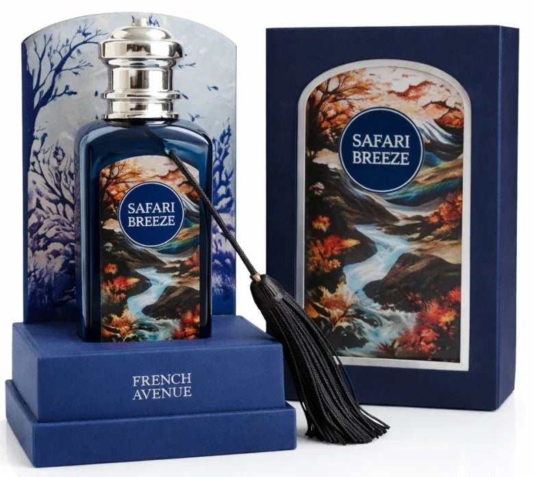 Elegantes Parfum Safari Breeze 100 ml im blauen Flakon mit dekorativer Landschaftsverpackung