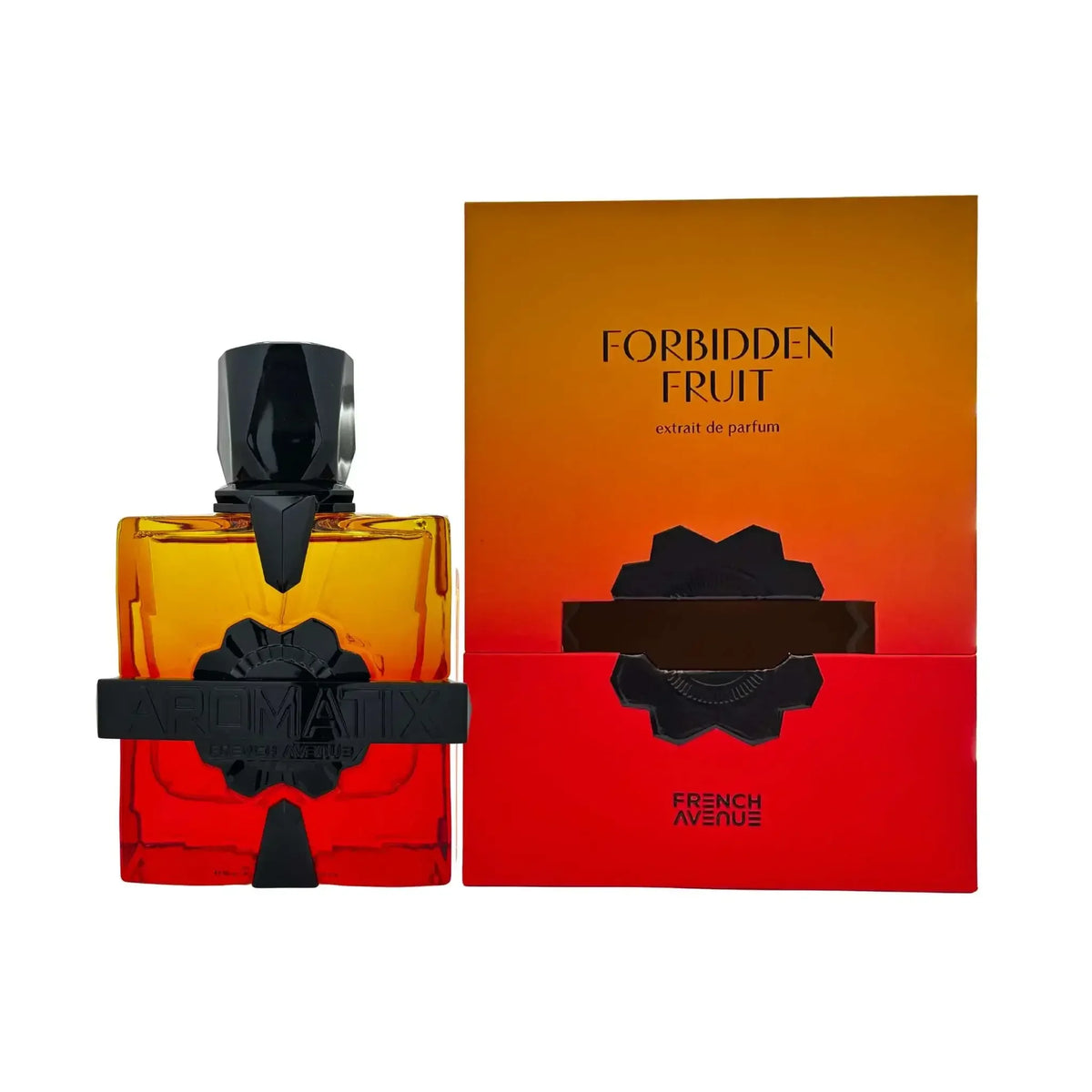 Luxusparfum Aromatix Forbidden Fruit, eckiger Flakon vor orangener Verpackung