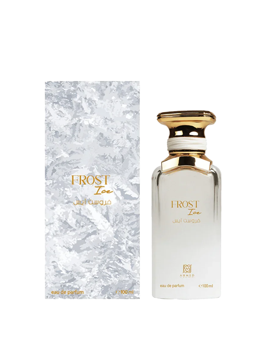 Luxuriöses Frost Ice Parfum, 100ml Flakon mit goldener Kappe, neben eleganter Verpackung