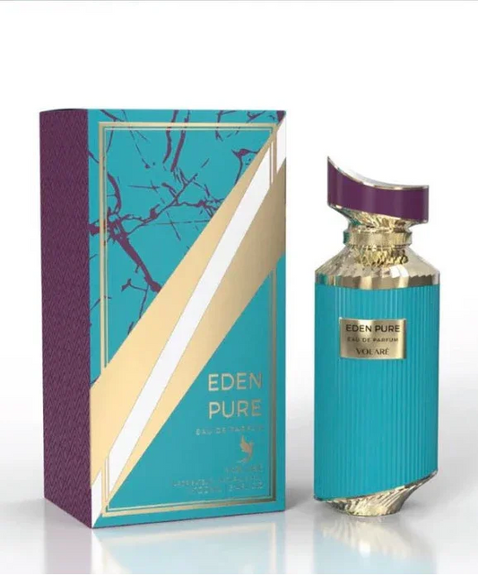 Luxus Parfum Eden Pure Volare mit türkis-goldener Verpackung und elegantem Flakon