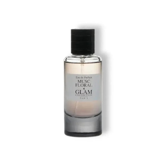 Edles Parfumflakon Musc Floral Eau de Parfum, transparent, auf weißem Hintergrund.