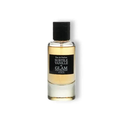 Flakon Subtile Vanille Eau de Parfum mit goldenem Duft und schwarzem Etikett auf weißem Hintergrund.