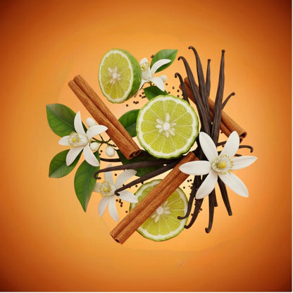 Parfumkomposition mit Limette, Zimtstangen, Vanilleschoten und weißen Blüten auf orangefarbenem Hintergrund