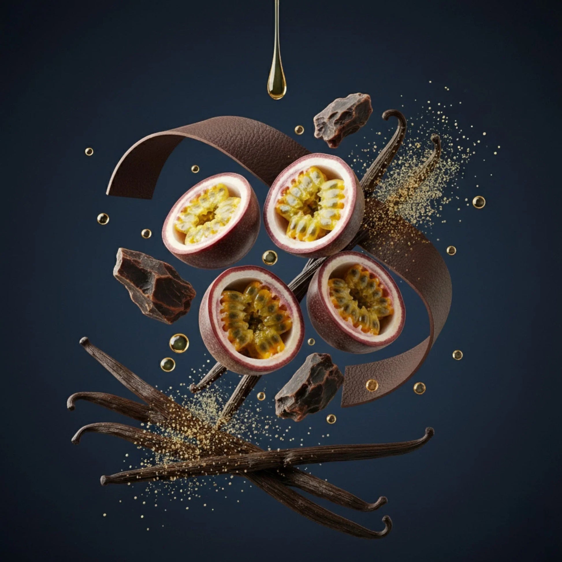 Exotische Passionsfrucht, Vanilleschoten, Schokoladenstücke und goldene Tropfen auf dunklem Hintergrund, Sinnbild für luxuriöse Duftkomposition.