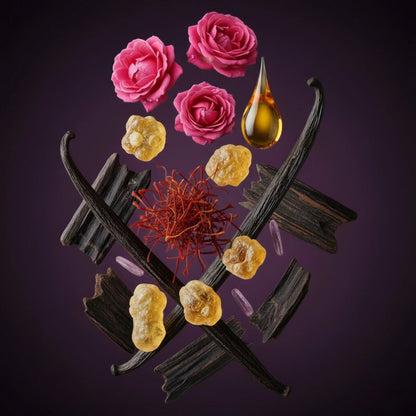 Parfum-Komposition mit Vanilleschoten, Rosen, Harz, Safran, Öl und Hölzern auf dunklem Hintergrund
