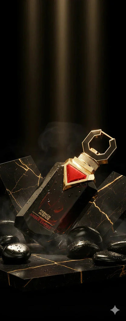 Luxusparfum-Flakon Amber Empire auf schwarzem Marmor mit goldenen und roten Akzenten, stilvoll beleuchtet