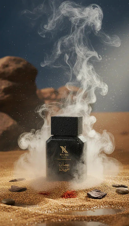 Luxus Parfumflakon von NUHI Paris auf Sand, mit Rauch und orientalischen Elementen, Wüste im Hintergrund