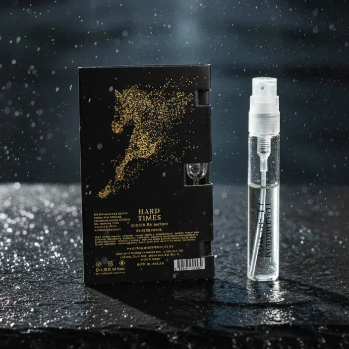 Luxusparfum Probe Hard Times mit eleganter Verpackung und Sprühflakon auf dunklem Hintergrund
