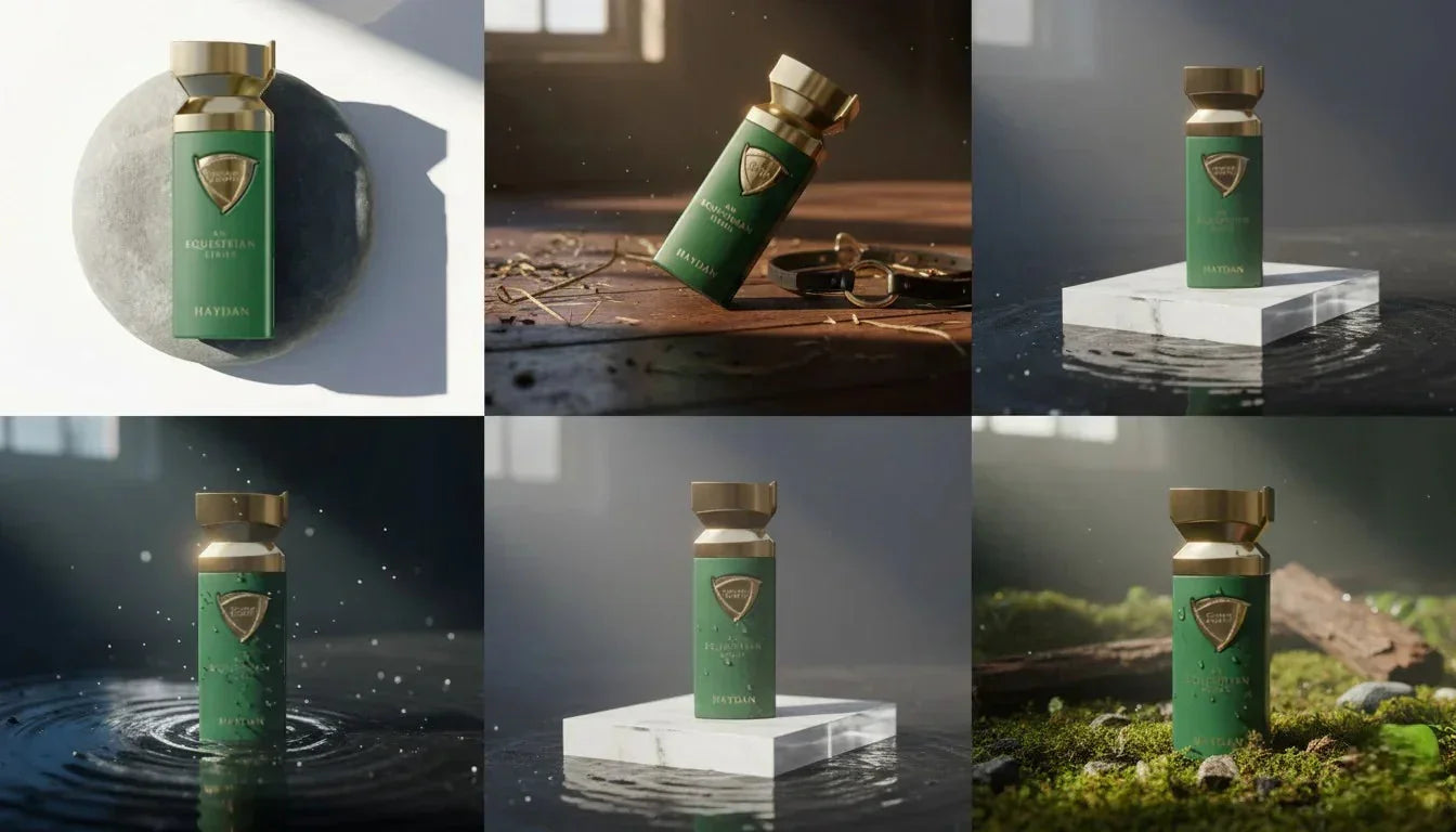 Luxusparfumflakon grün-gold, präsentiert auf Stein, Holz, Wasser und Moos, edles Design