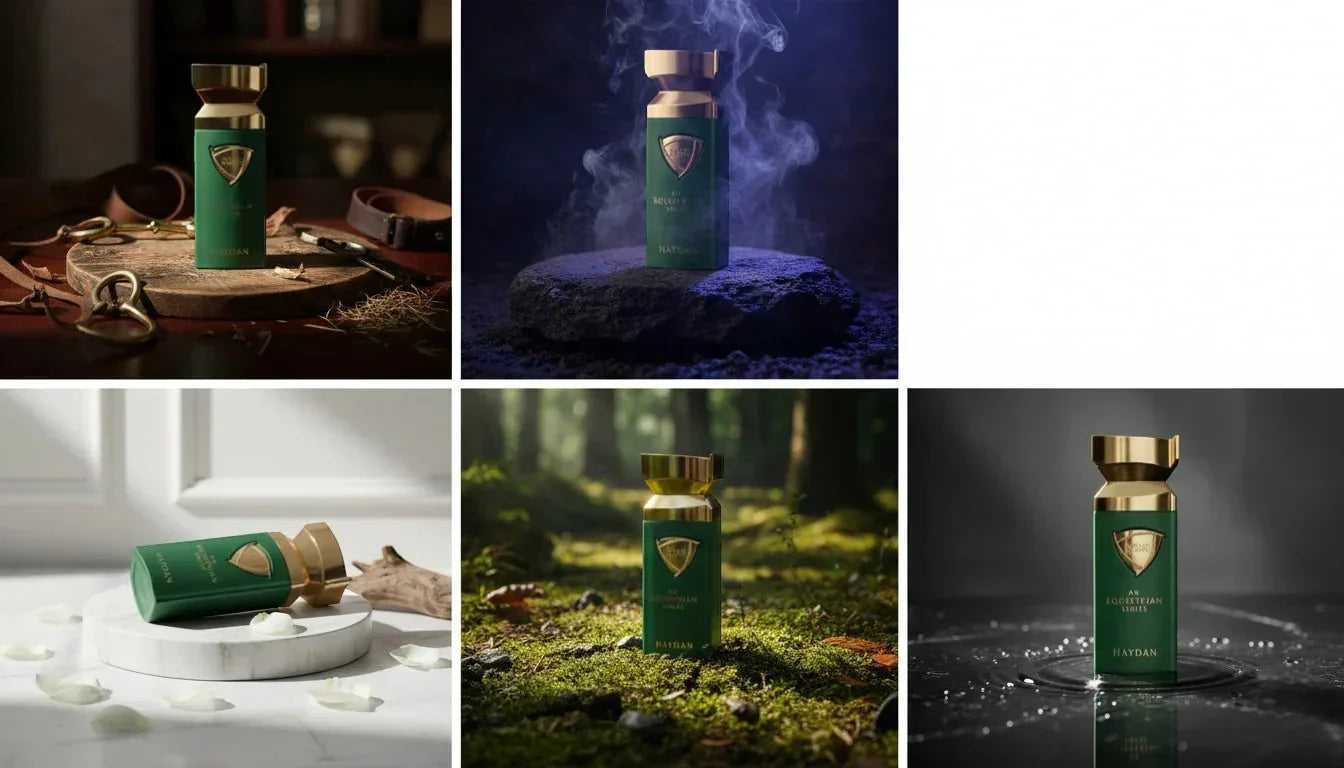 Luxusparfum in grün-goldener Flasche, stilvoll in verschiedenen Umgebungen präsentiert