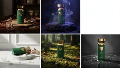 Luxusparfum in grün-goldener Flasche, stilvoll in verschiedenen Umgebungen präsentiert