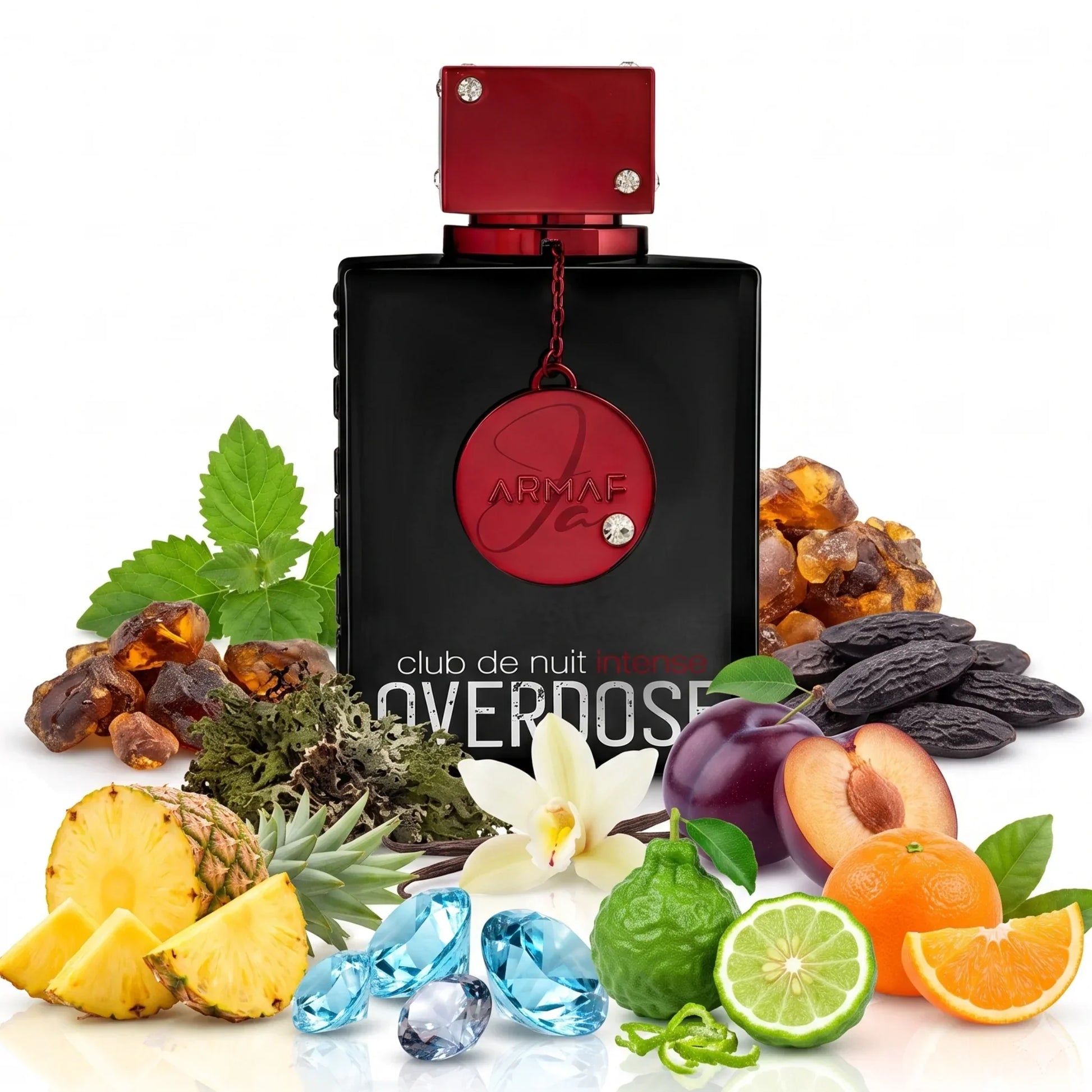 Armaf Club de Nuit Intense Overdose Parfümflasche mit Früchten, Blüten und Edelsteinen