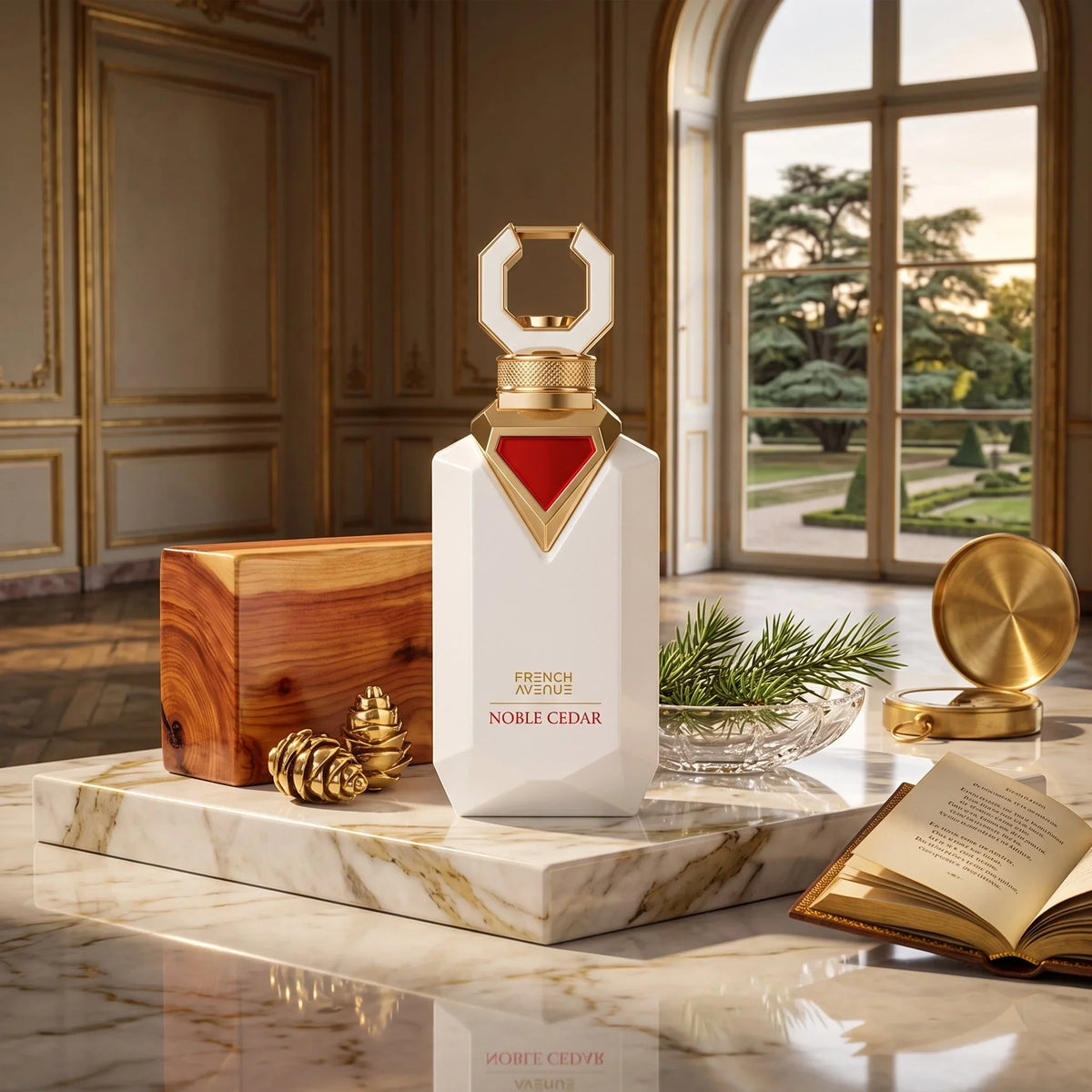 French Avenue Noble Cedar Extrait de Parfum Flakon auf Marmor mit Holz und Tannenzweig