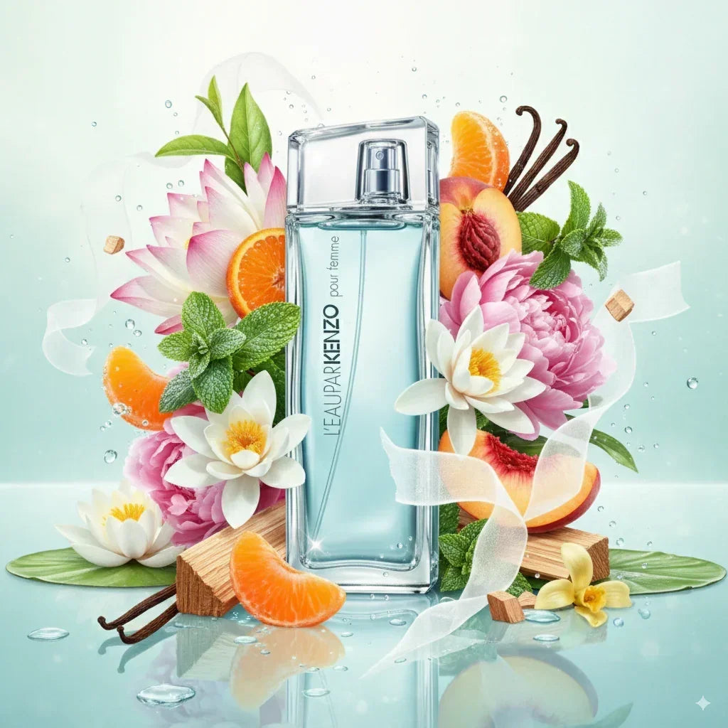 Ein gläserner Flakon des Kenzo L'EAU PARKENZO pour femme Parfums, umgeben von Früchten und Blumen.