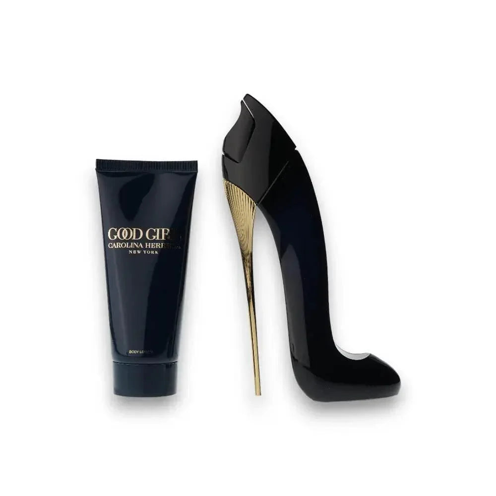 Good Girl Duftset mit Bodylotion und Parfumflakon in High Heel Form auf weißem Hintergrund