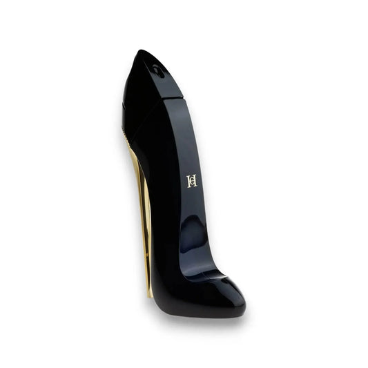 Schwarzer Damenduft-Flakon in High-Heel-Form mit goldenen Akzenten, Luxusparfum