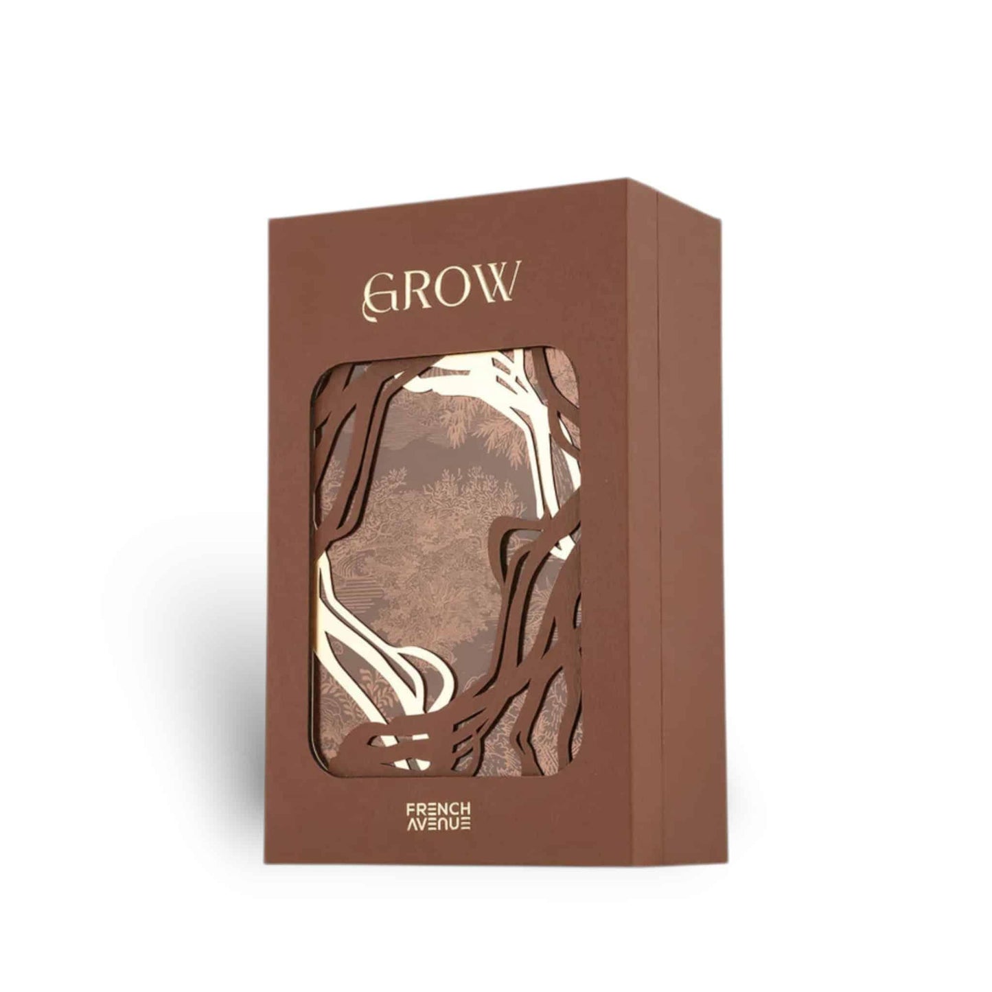 Braune Parfumverpackung mit Schriftzug Grow, floralem Muster und modernem Design