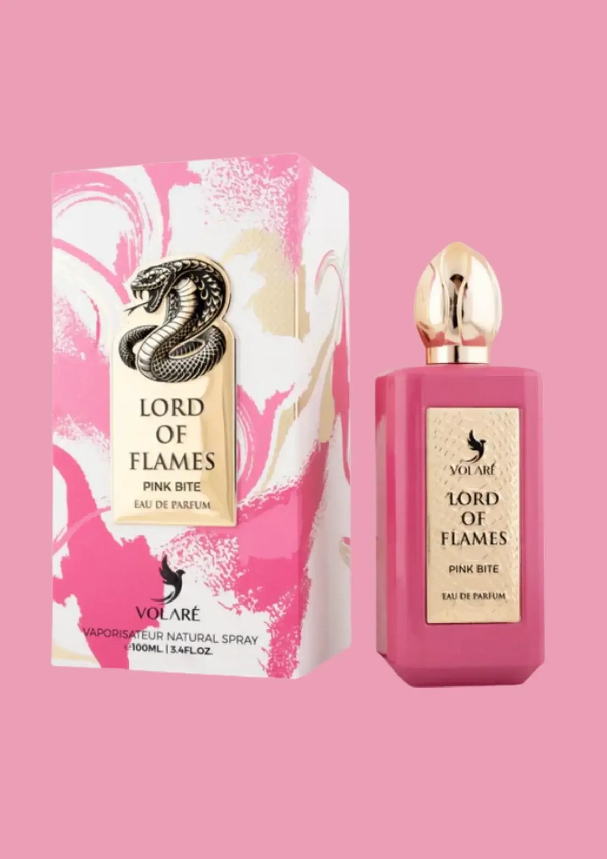 Pinkes Luxus-Parfum Lord of Flames Pink Bite mit goldener Verzierung und passender Box