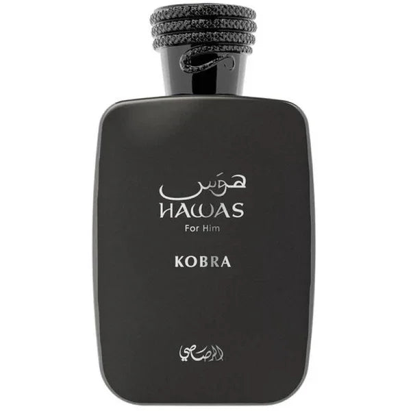 Schwarzer Herrenduft Hawas Kobra Eau de Parfum, luxuriöse Parfümflasche, edles Design.