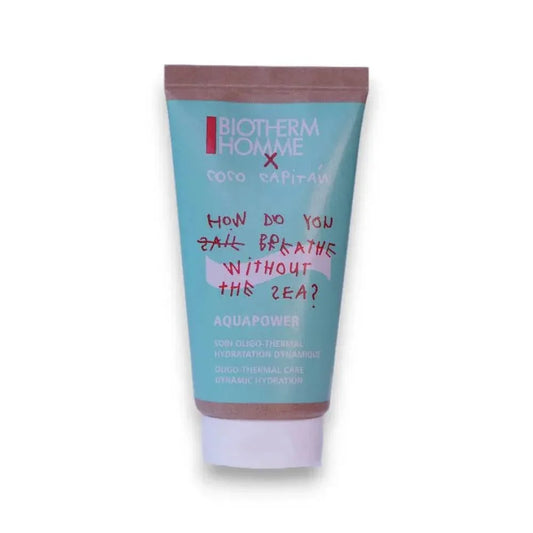 Pflegende Gesichtscreme für Herren in türkisfarbener Tube, Schriftzug Biotherm Homme Aquapower.