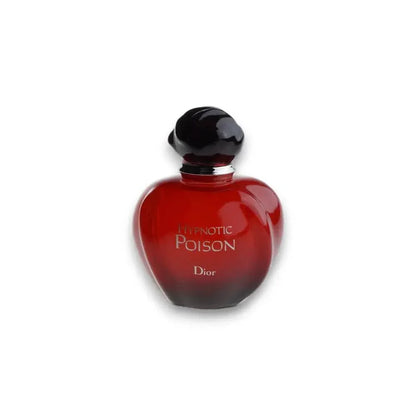 Roter Hypnotic Poison Eau de Toilette Flakon mit dunklem Deckel auf weißem Hintergrund