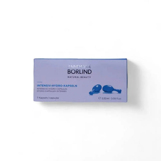 Blaue Verpackung mit Annemarie Börlind Intensiv-Hydro-Kapseln, 7 Stück, auf weißem Hintergrund.