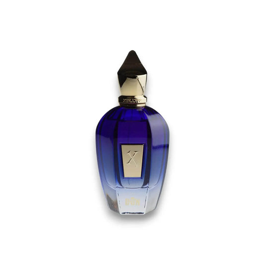 Luxuriöser blauer Parfumflakon mit goldenen Akzenten, exklusives Eau de Parfum