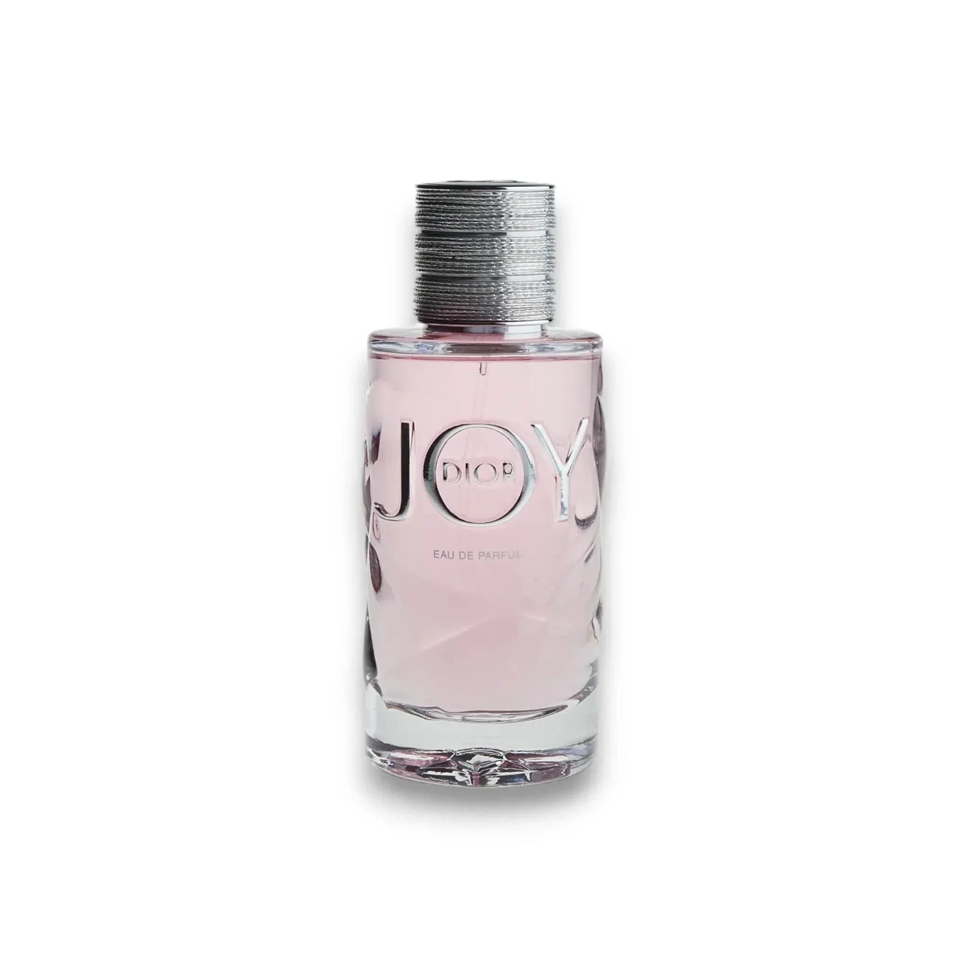JOY Eau de Parfum Flakon mit rosa Duft, luxuriöses Damenparfum auf weißem Hintergrund