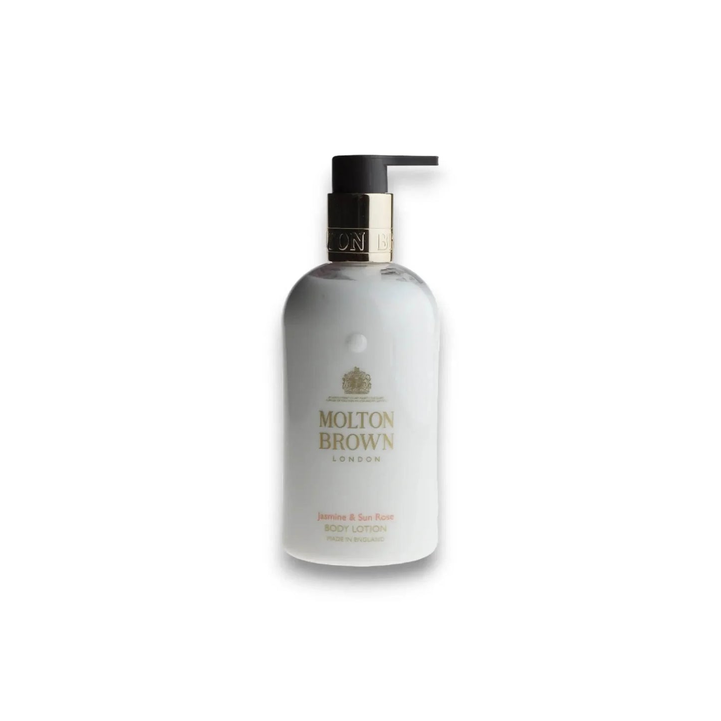 Molton Brown Körperlotion Jasmine & Sun Rose in weißer Flasche mit Pumpspender, luxuriöse Pflege