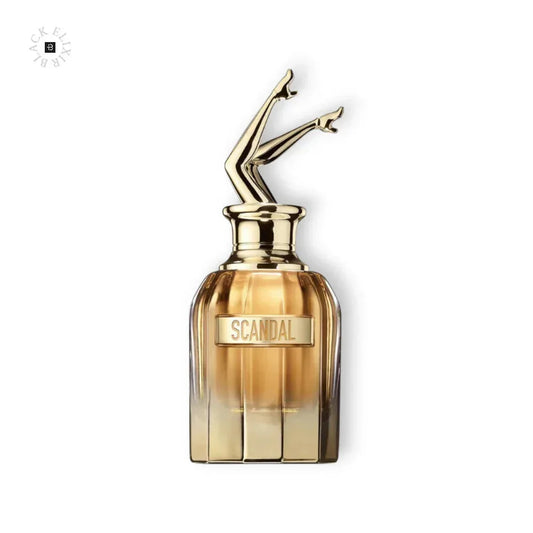 Luxus Damenparfum Flakon mit goldenen Beinen als Verschluss und Schriftzug Scandal