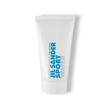 Weiße Tube Jil Sander Sport Water Duschgel für Damen mit blauem Schriftzug, freigestellt