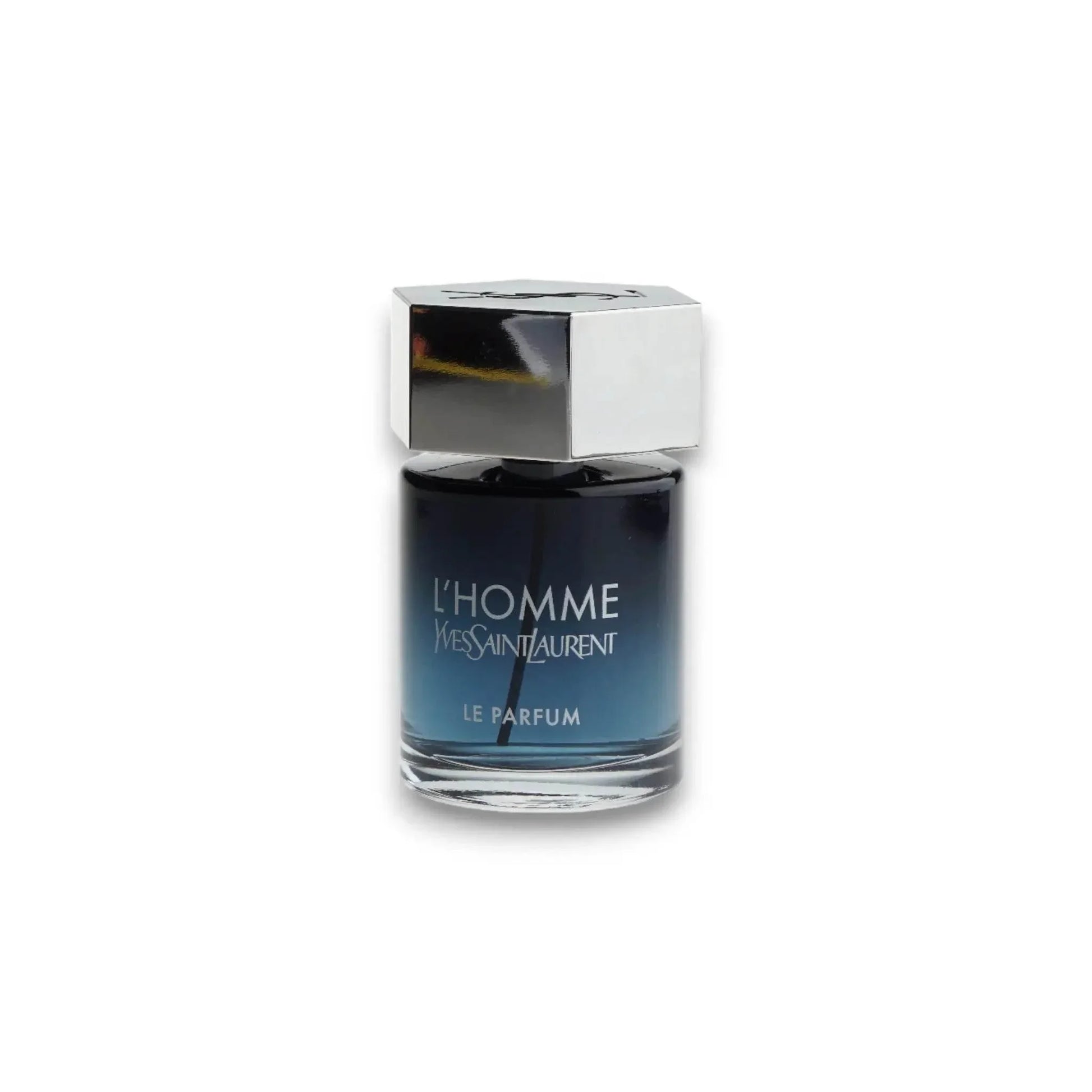 L'Homme Le Parfum eleganter Herren Duftflakon mit silbernem Verschluss auf weißem Hintergrund