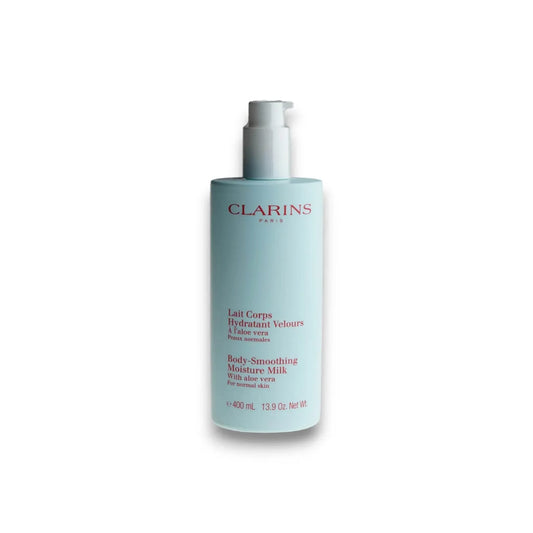 Hellblaue Bodylotion-Flasche mit Pumpspender, Clarins Lait Corps Hydratant Velours 400ml
