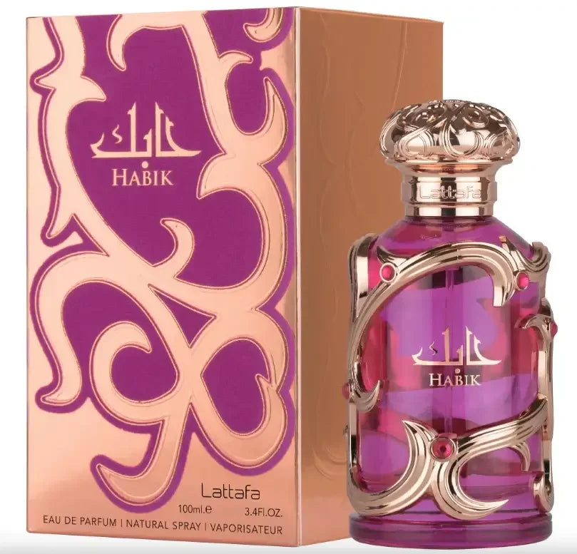 Luxuriöses lila Damenparfum in verzierter Flasche vor passender Geschenkbox, 100ml