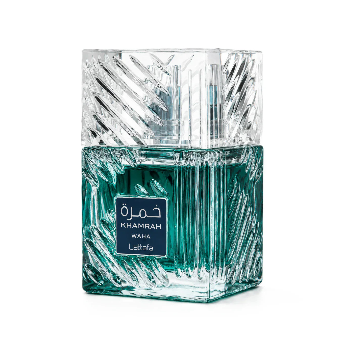Luxusparfum Flakon mit türkisem Duft, verziertem Glas und Etikett Khamrah Waha
