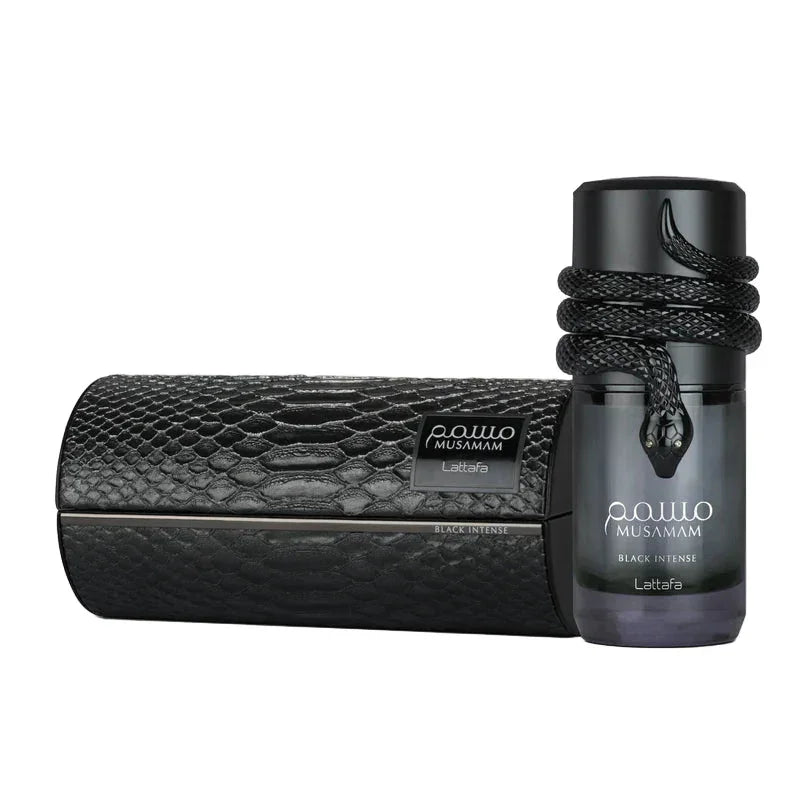 Edles Parfum Musamam Black Intense 100ml mit schwarzer Schlangendekoration und Schlangen-Lederetui