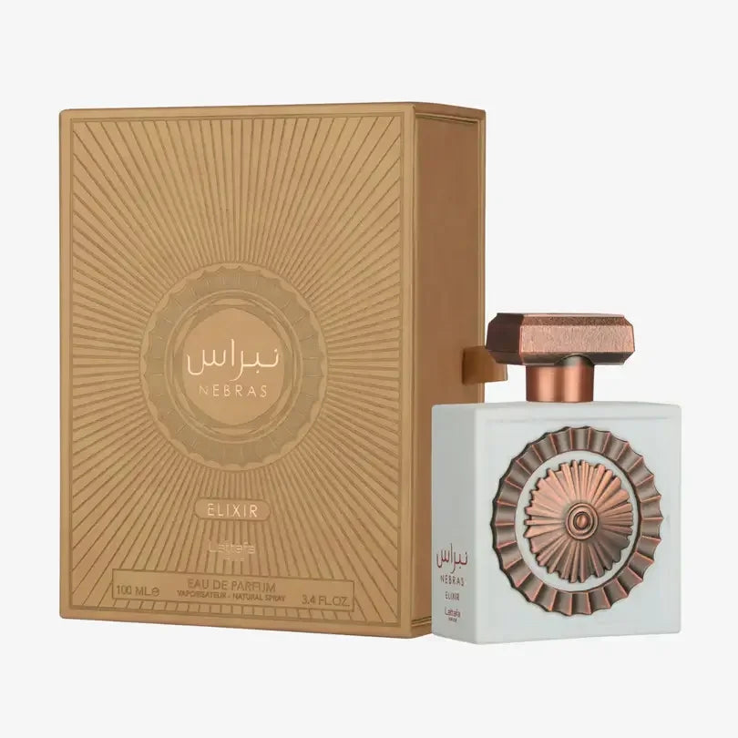 Elegantes Parfumflakon und goldene Verpackung, Nebras Elixir Eau de Parfum, luxuriöser Duft