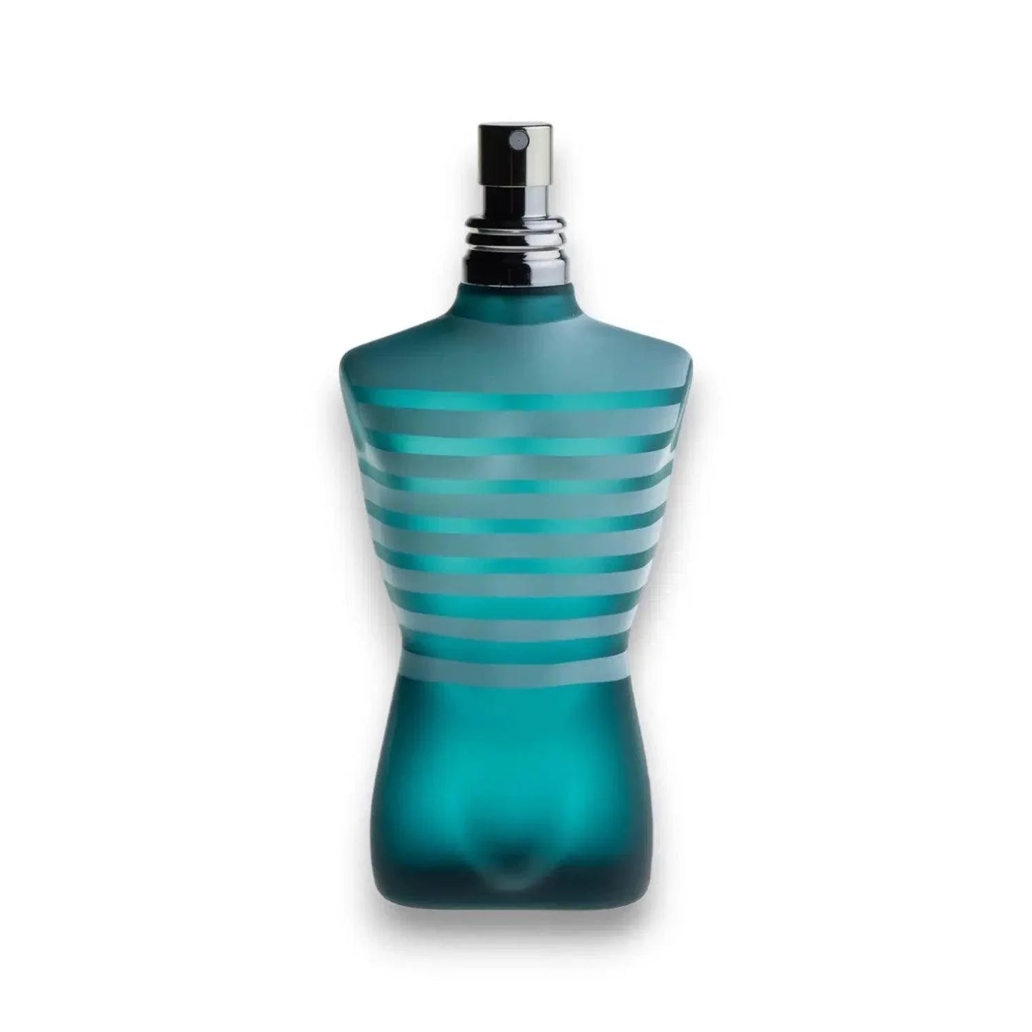 Herrenparfum in blauem Flakon in Form eines Männerkörpers mit Streifen, vor weißem Hintergrund