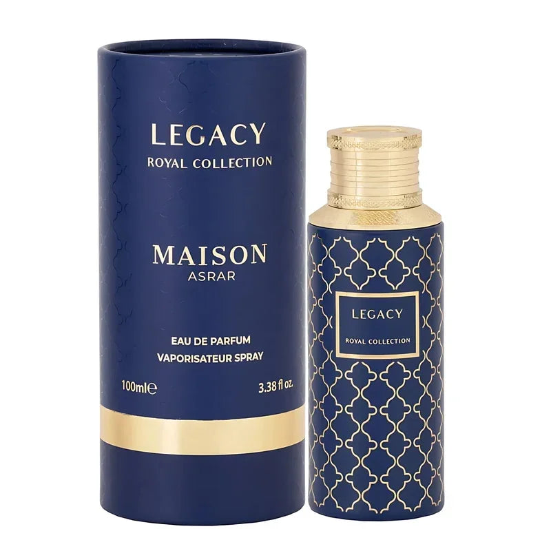 Maison Asrar Legacy Royal Collection Eau de Parfum Flakon und dunkelblaue Verpackung